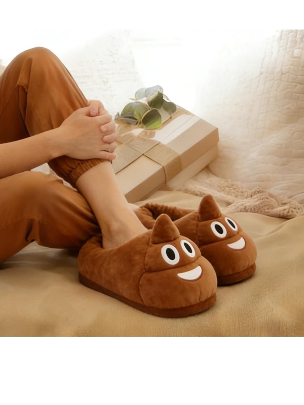Novelty Poop Emoji Plush Slippers - Brown - Picture 4 of 9